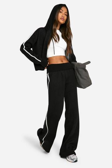 Stripe Detail Knitted Hoody And Waist Detail Flared Pants black