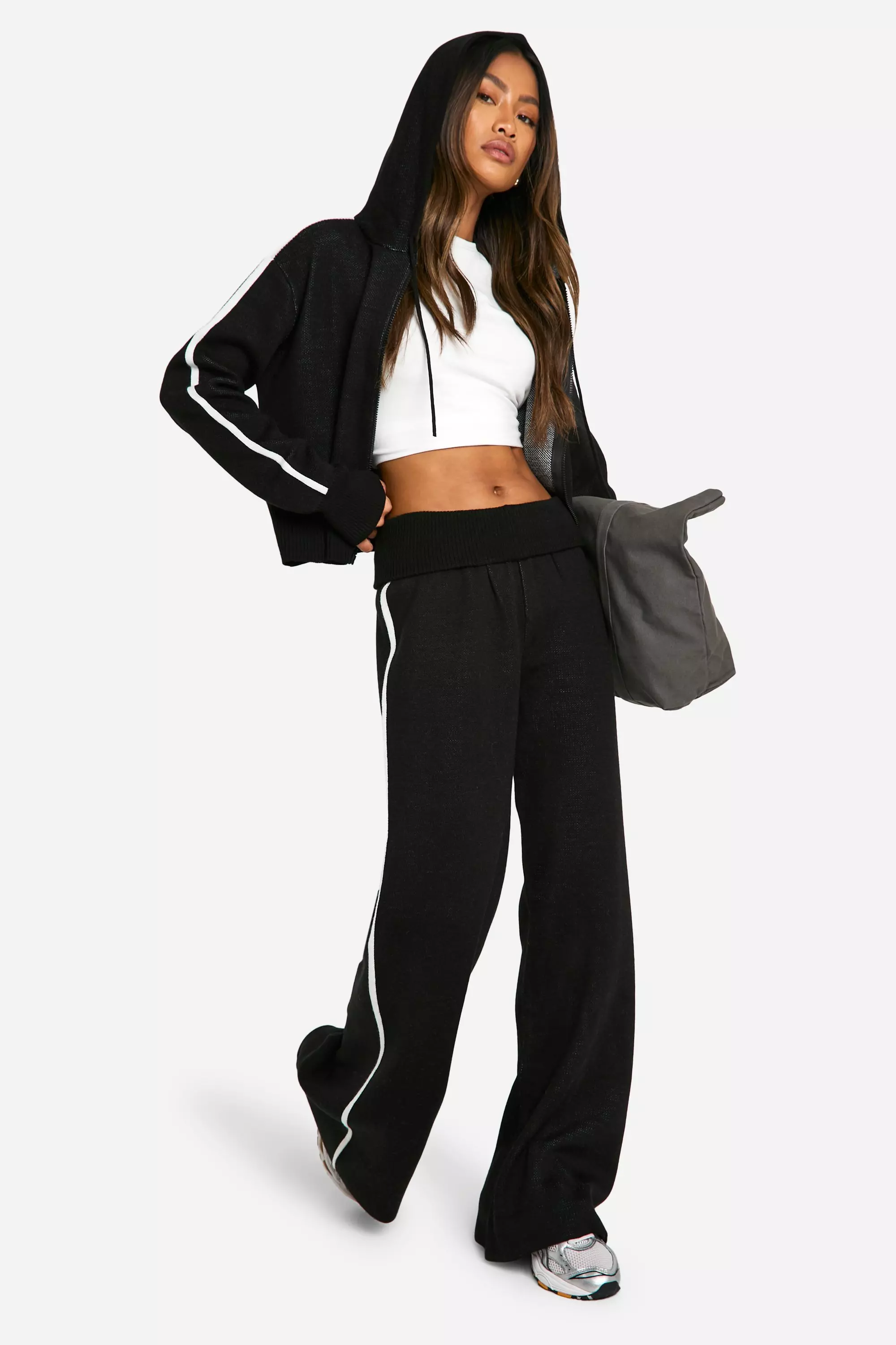 Black Stripe Detail Knitted Hoody And Waist Detail Flared Trouser صورة بديلة