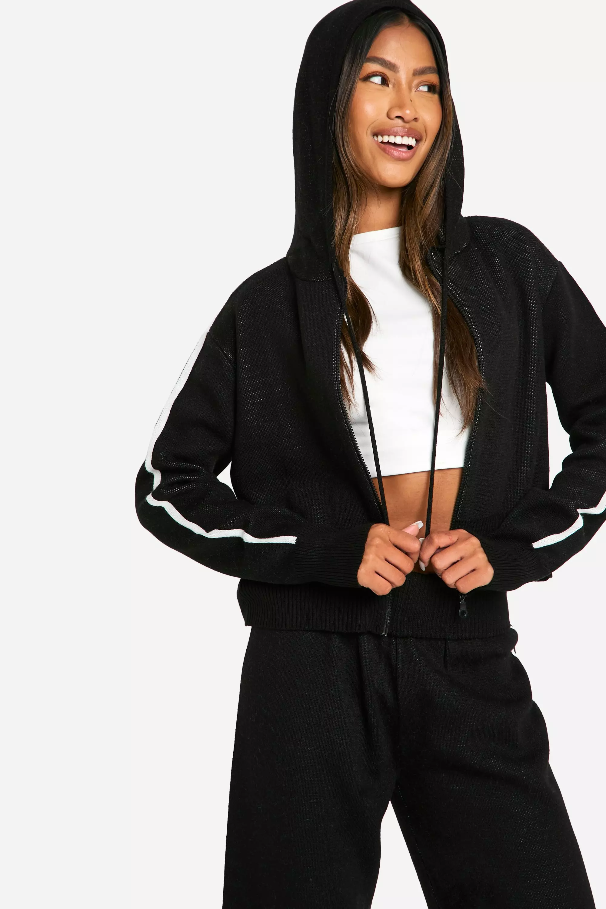 Black Stripe Detail Knitted Hoody And Waist Detail Flared Trouser صورة بديلة