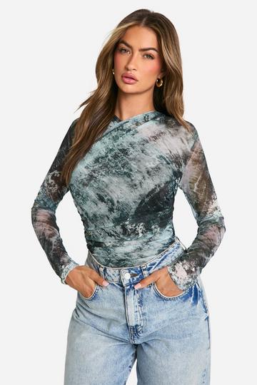 Marble Print Mesh Wrap Front Bodysuit stone