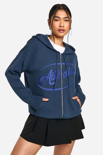 Athletics Embroidered Zip Through Oversized Knitted Hoody navy