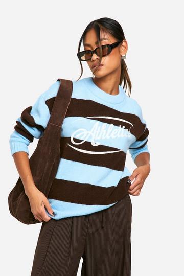 Stripe Embroidered Athletics Knitted Oversized Crew Neck Jumper baby blue