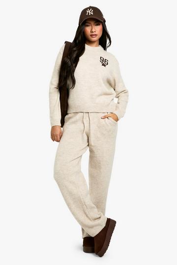 Cream White Embroidered Star Detail Oversized Crew Neck Knitted Jumper And Wide Leg Trouser Set