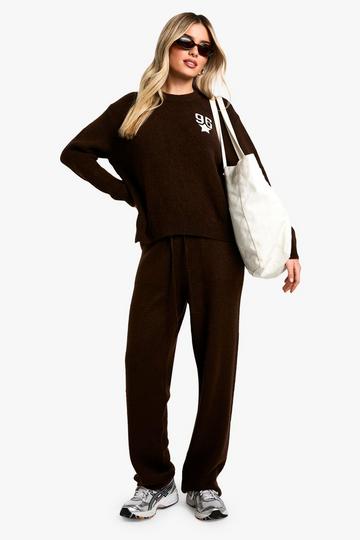 Brown Embroidered Star Detail Oversized Crew Neck Knitted Jumper And Wide Leg Trouser Tracksuit