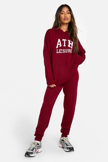 Ath Leisure Embroidered Knitted Oversized Hoody And Cuffed Jogger Set burgundy