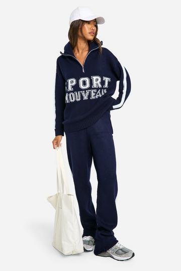 Navy Sport Nouveau Knitted Zip Neck Oversized Jumper And Cuffed Jogger Set