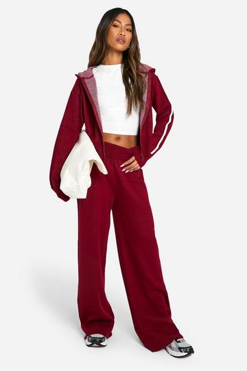 Burgundy Red Stripe Detail Knitted Hoody And Waist Detail Flared Trouser