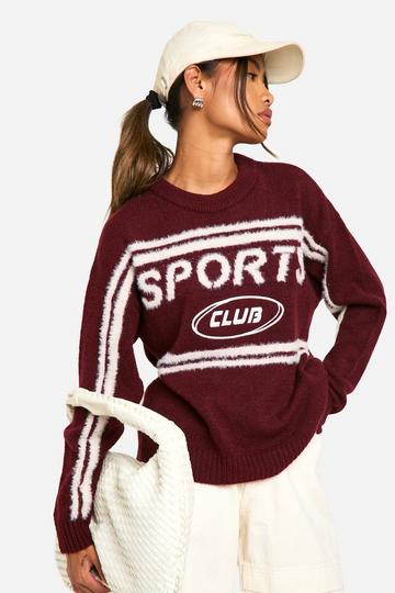 Burgundy Red Sports Club Oversized Crew Neck Knitted Jumper