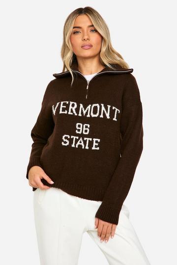 Brown Vermont Oversized Knitted Zip Neck Jumper