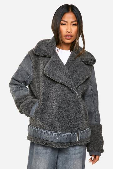 Teddy Faux Fur Denim Aviator grey