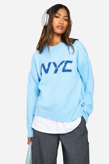 Oversized Gebreide NYC Trui Met Crewneck baby blue