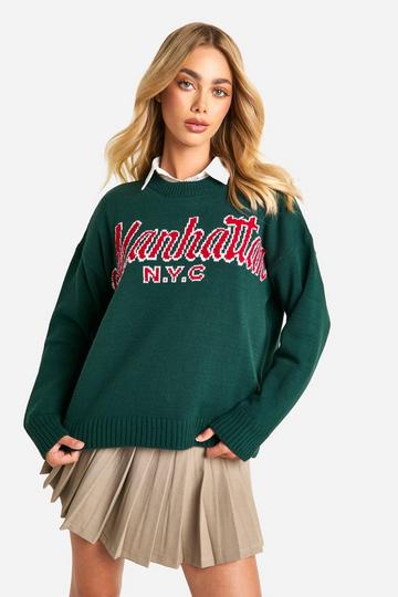 Oversized Geborduurde Gebreide Manhattan Trui Met Crewneck bottle green