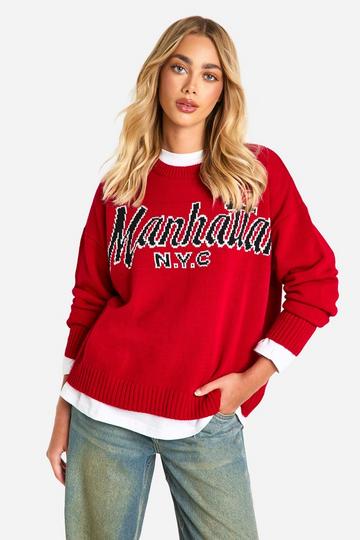 Oversized Geborduurde Gebreide Manhattan Trui Met Crewneck red