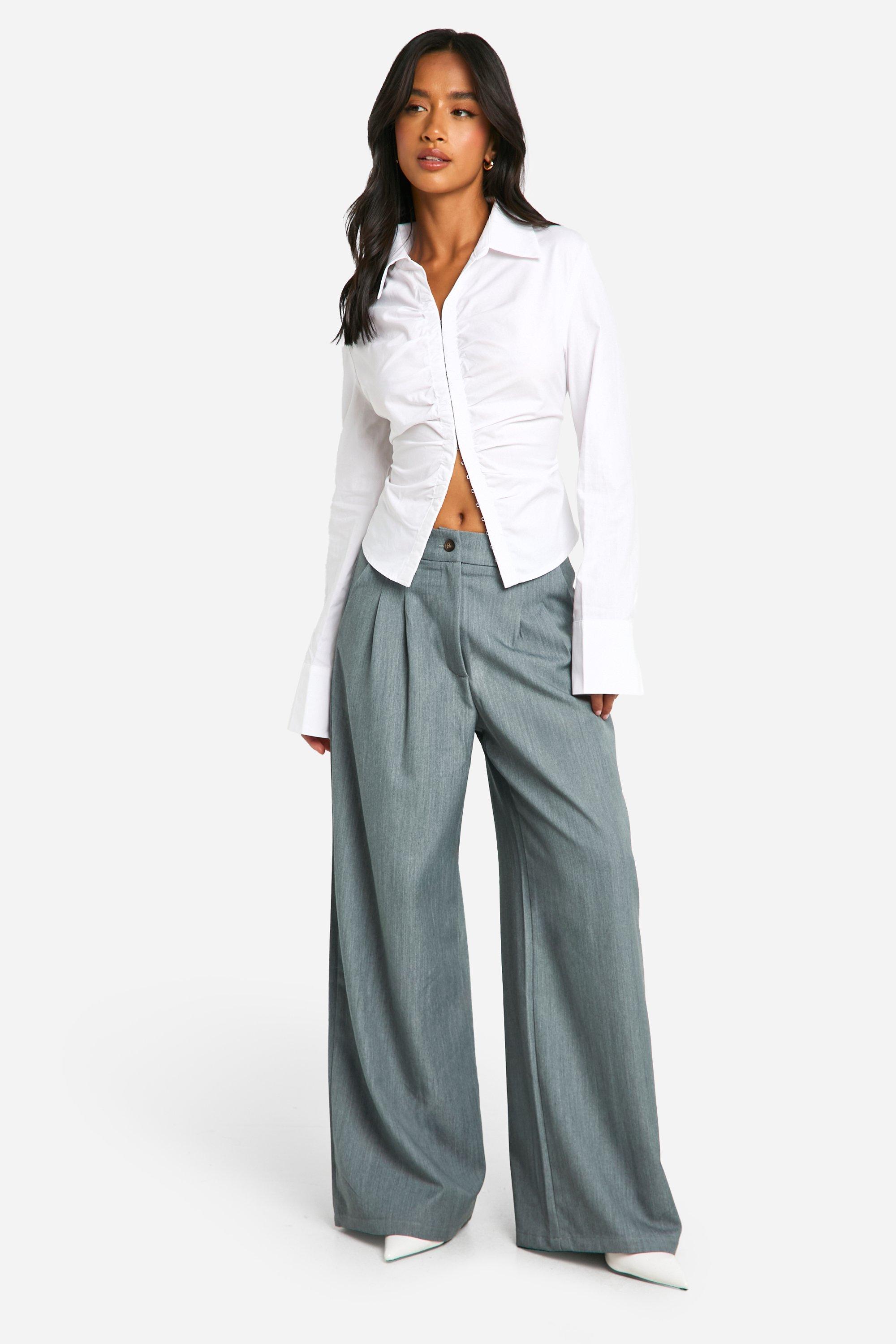 Grey Petite Pleat Detail Extreme Wide Leg Trousers