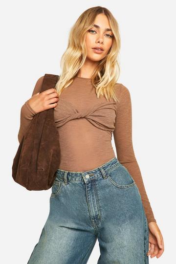 Sheer Rib Twist Front Long Sleeve Top brown