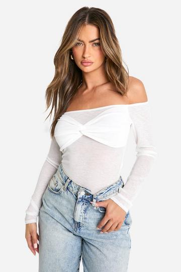 Ribbed Bardot Twist Front Top white