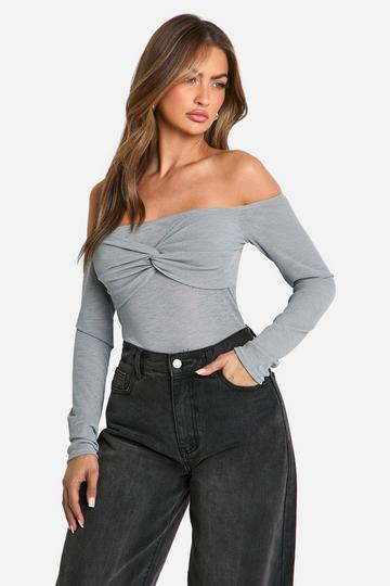 Ribbed Bardot Twist Front Top dusty blue