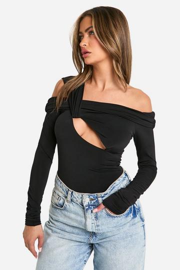 Black Slinky Knot Detail Bardot Bodysuit