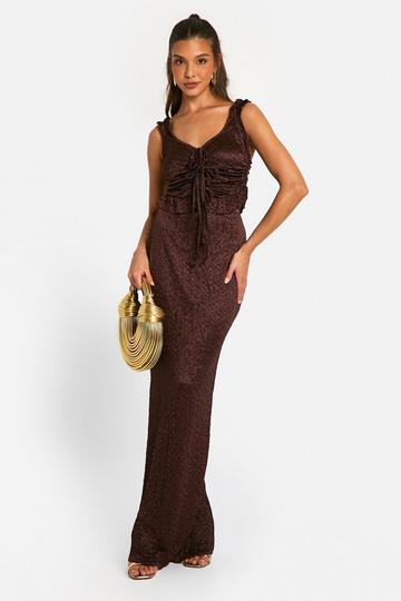 Textured Satin Look Tie Front Camisole & Maxi Skirt Two-Piece chocolate