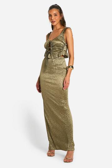 Textured Satin Look Tie Front Cami Top & Maxi Skirt Co Ord khaki