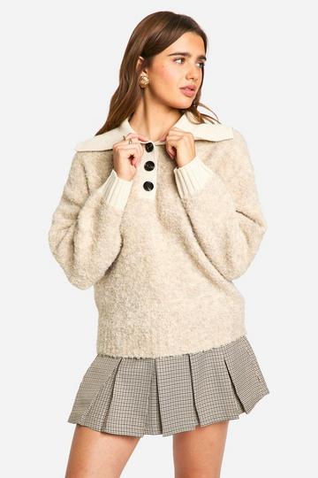 Knitted Oversized Rib Collar Button Up Jumper oatmeal