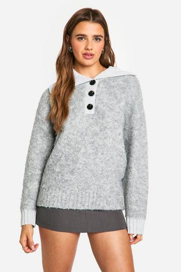 Knitted Oversized Rib Collar Button Up Jumper grey marl