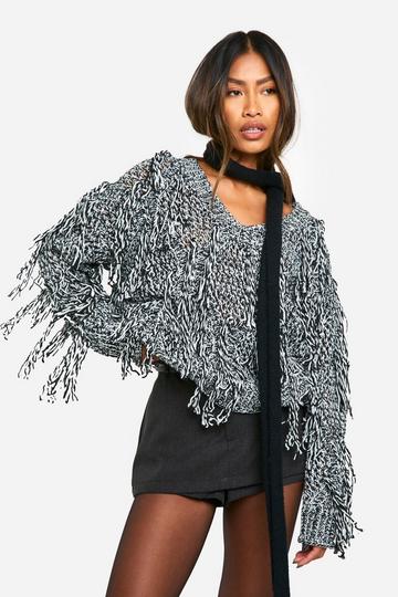 Knitted Marl Fringe Detail Sweater black