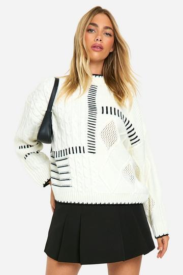 Chunky Knitted Cable Contrast Stitch Jumper cream