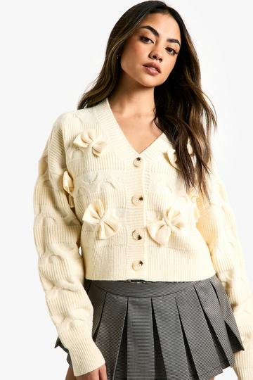 Fluffy Knit Bow Detail Cardigan cream