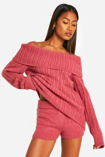 Dikke Gebreide Off Shoulder Trui En Shorts Set pink