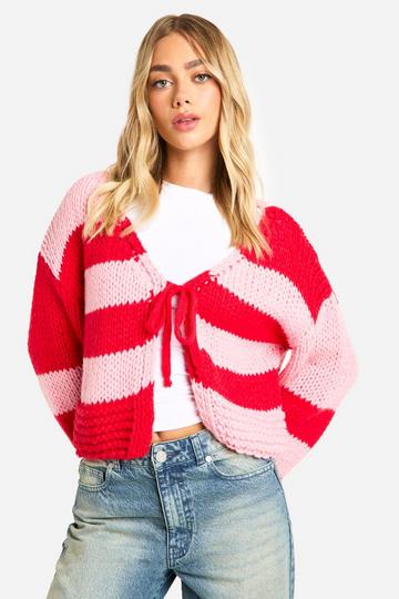 Red Premium Knitted Striped Tie Front Cardigan