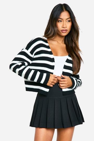 Black Rib Knitted Striped Crop Cardigan