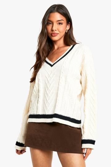 Cable Knitted Contrast Detail V Neck Jumper cream