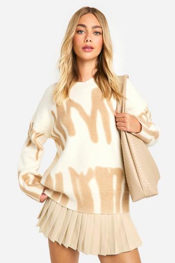 Oversized Gebreide Trui Met Contrasterende Print beige