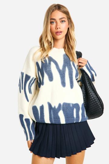 Knitted Contrast Printed Oversized Jumper cream