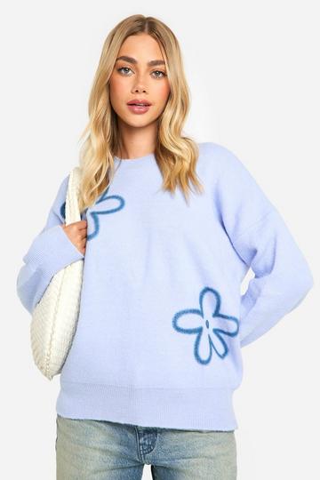 Oversized Gebreide Trui Met Bloemen Detail dusty blue