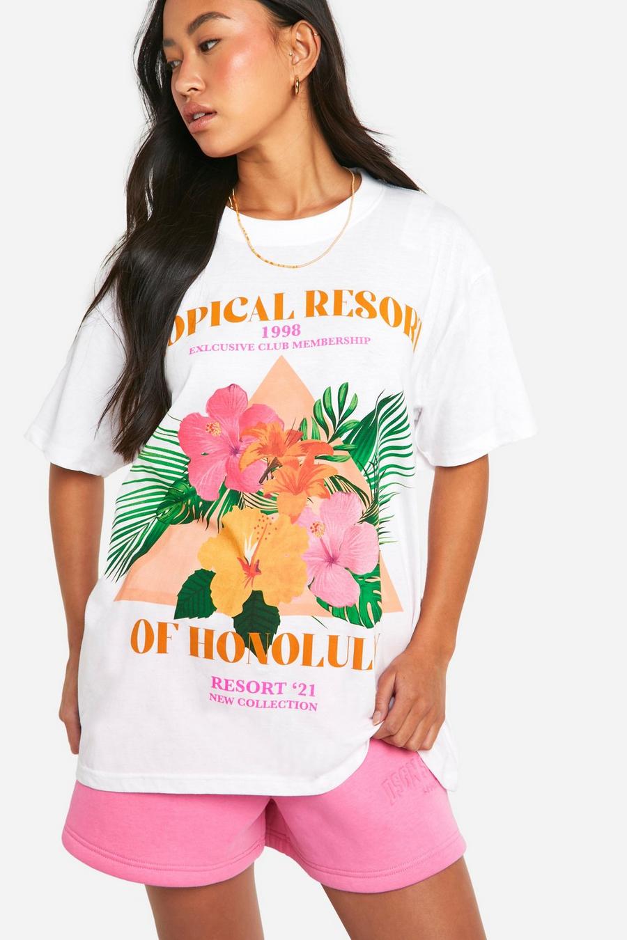 White Tropical Palm Printed Oversized T-shirt  image number 1
