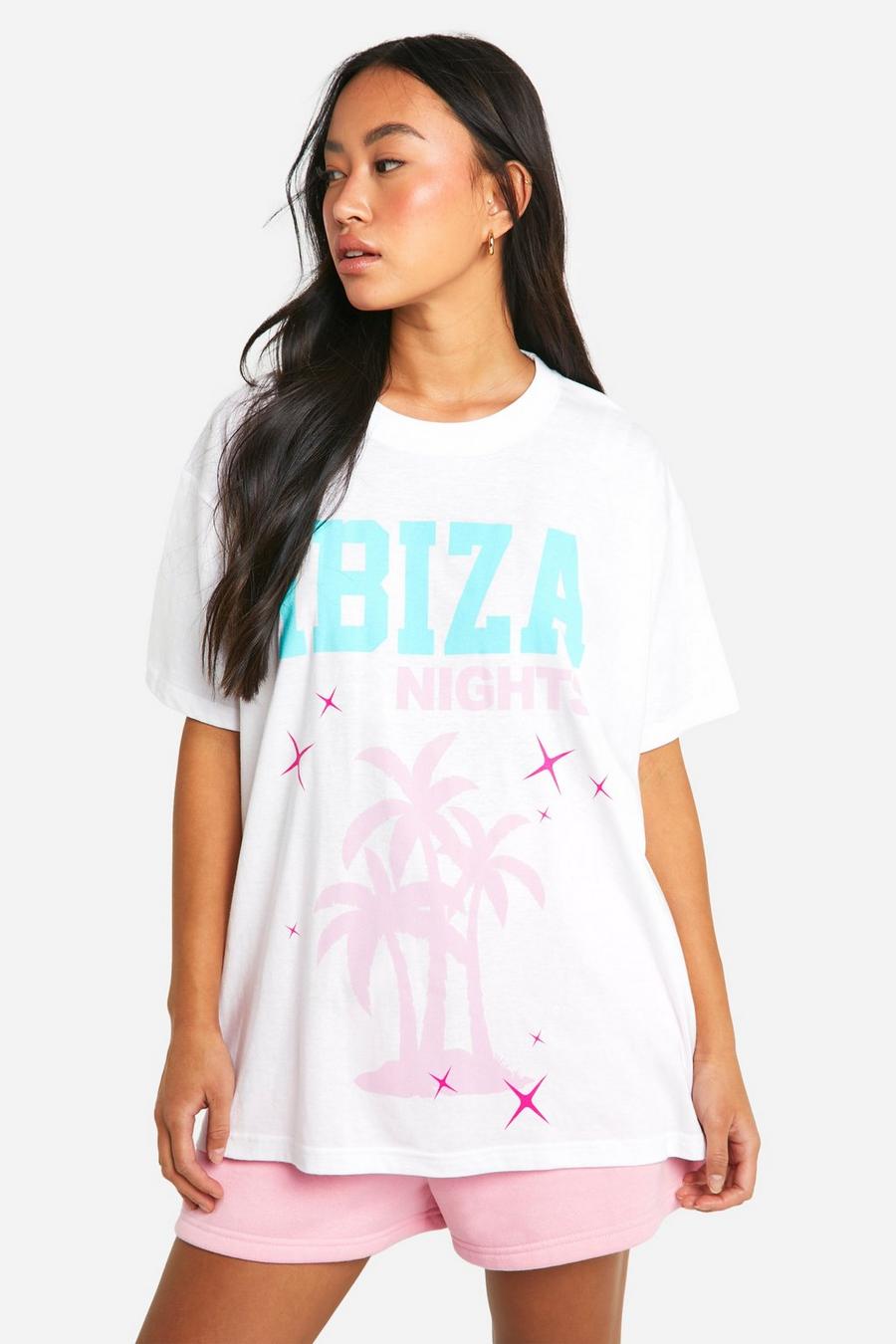 White Ibiza Nights Palm Printed Oversized T-shirt  image number 1
