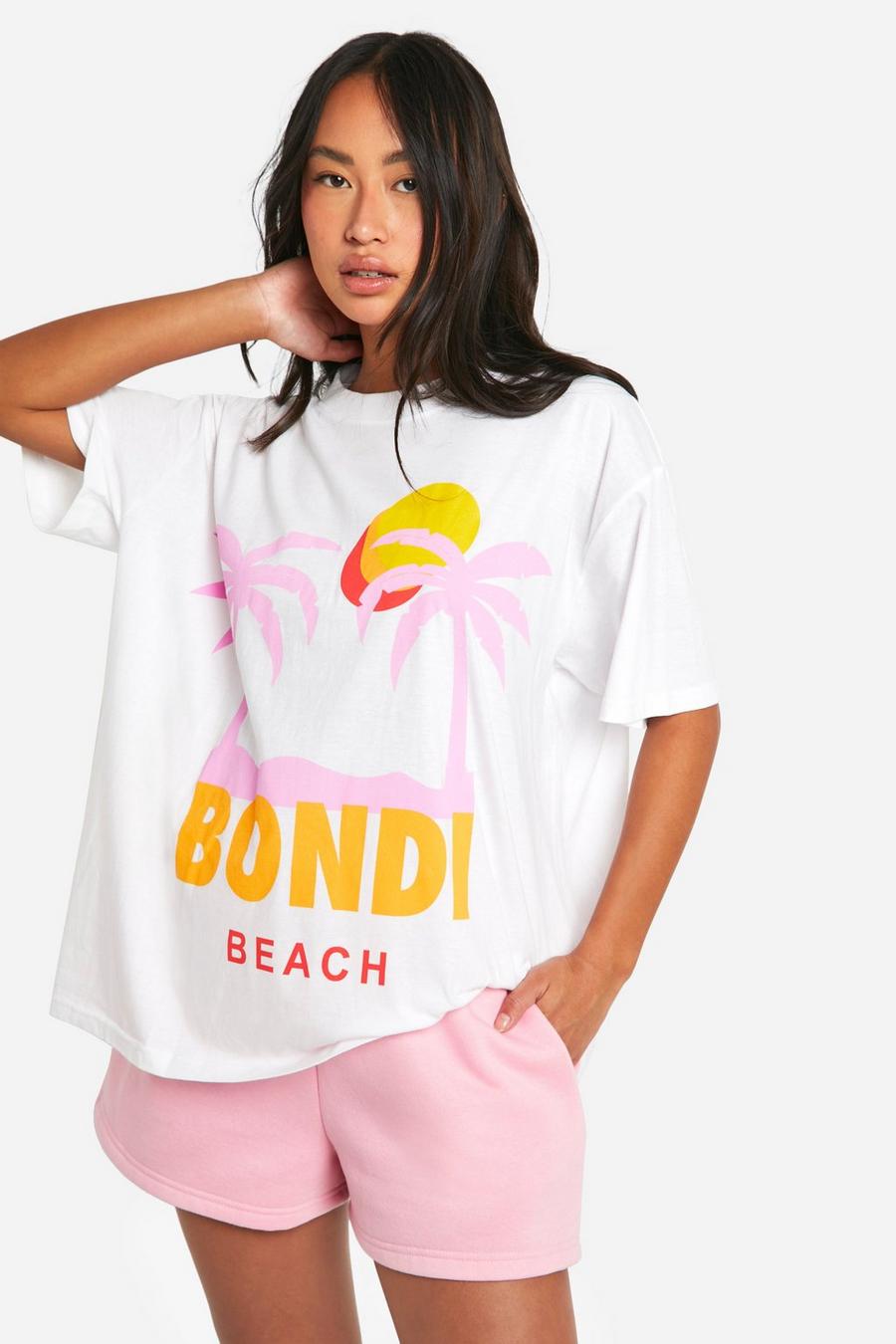 White Bondi Beach Slogan Printed Oversized T-shirt  image number 1