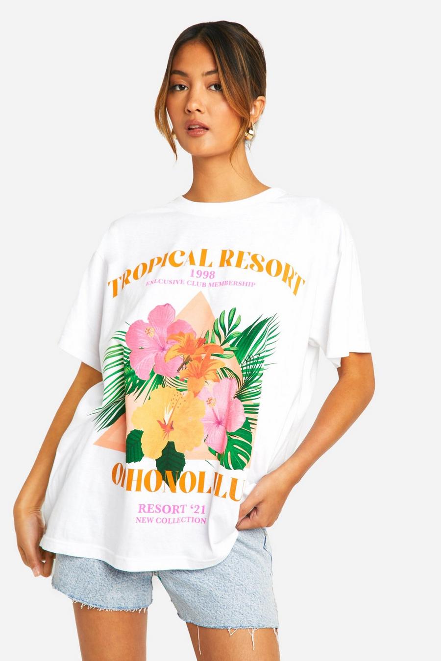 White Tropical Resort Floral Printed Oversized T-shirt  image number 1