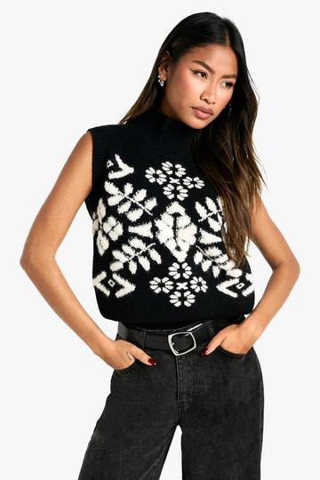 Knitted High Neck Sleeveless Vintage Christmas Jumper black