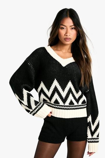 Knitted V Neck Christmas Fairsile Jumper black