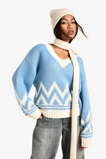 Blue Knitted V Neck Christmas Fairsile Jumper