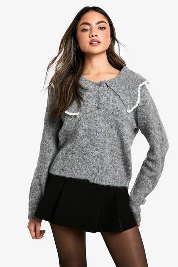 Fluffy Knitted Collar Cardigan grey marl