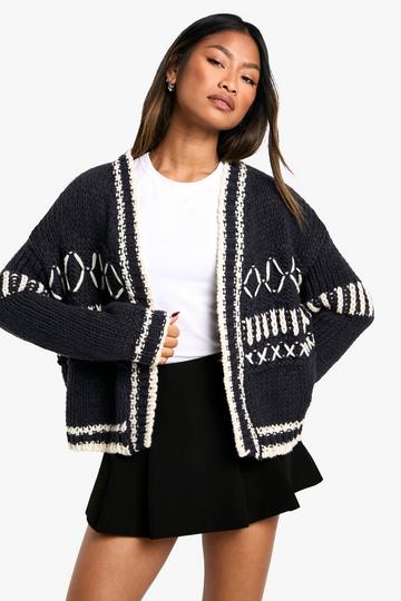 Chunky Knitted Contrast Stitch Cardigan navy