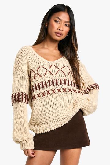 Chunky Knitted Contrast Stitch V Neck Jumper stone