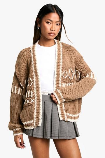 Camel Beige Dikke Gebreide Cardigan Met Contrasterende Stiksels