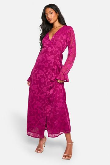 Tall Burnout Bloemen Wikkel Jurk Met Ruches plum