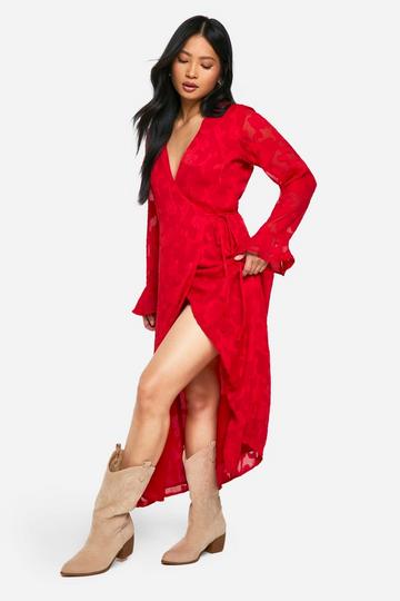 Red Petite Burnout Floral Ruffle Wrap Dress