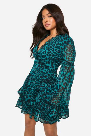 Teal Green Petite Leopard Chiffon Skater Dress